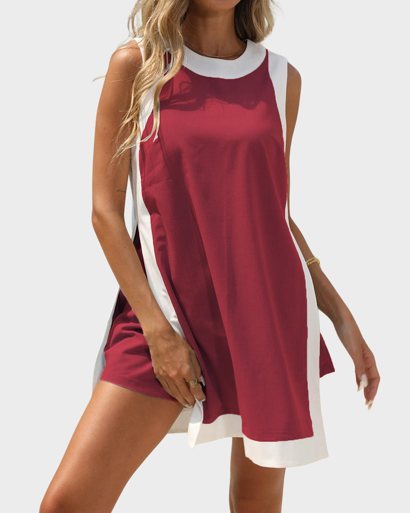 Minimalist High-Slit Color-Block Set with Shorts
