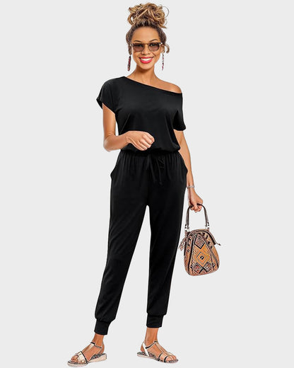 Kurzärmeliger, schulterfreier Overall mit schmalem Bein
