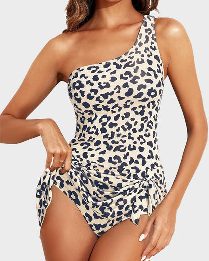 One-Shoulder One-Piece Swim Dress with Skirt