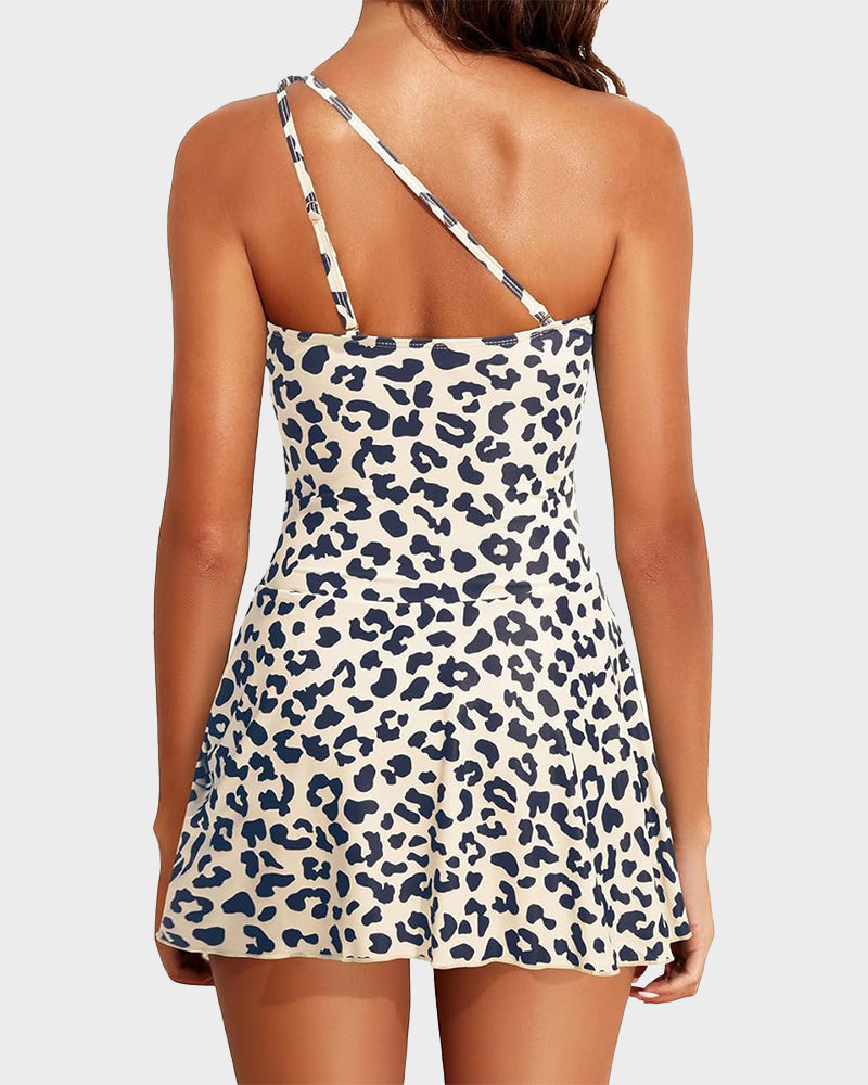 One-Shoulder One-Piece Swim Dress with Skirt
