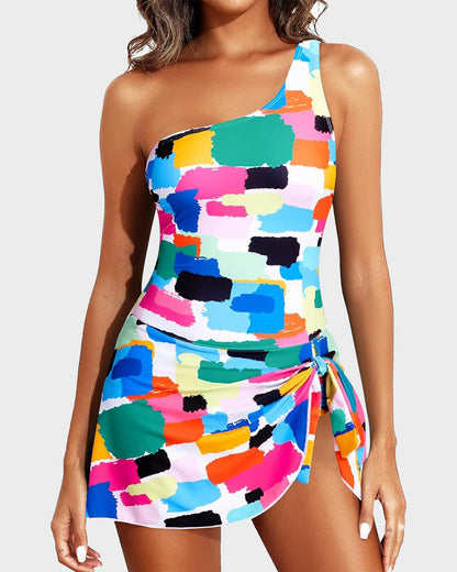 One-Shoulder One-Piece Swim Dress with Skirt