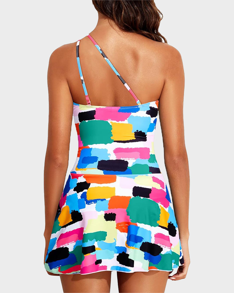 One-Shoulder One-Piece Swim Dress with Skirt