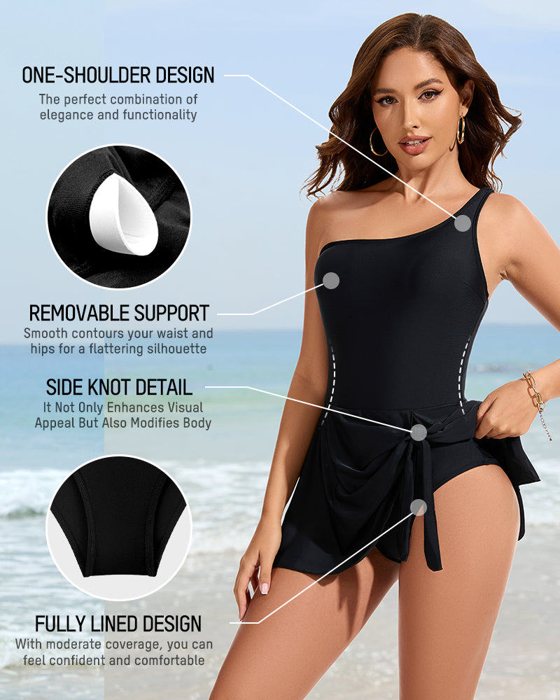 One-Shoulder One-Piece Swim Dress with Skirt
