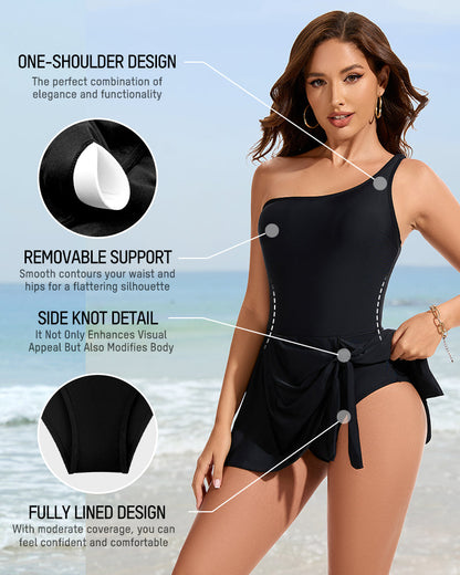 One-Shoulder One-Piece Swim Dress with Skirt