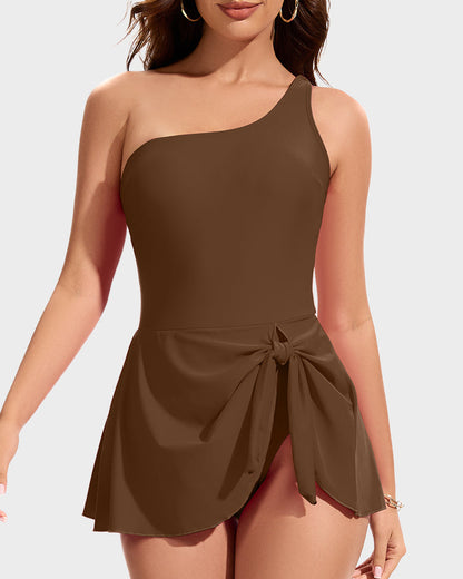 One-Shoulder One-Piece Swim Dress with Skirt