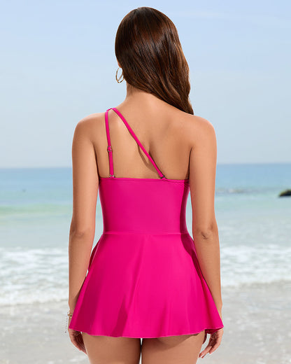 One-Shoulder One-Piece Swim Dress with Skirt