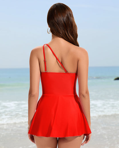 One-Shoulder One-Piece Swim Dress with Skirt
