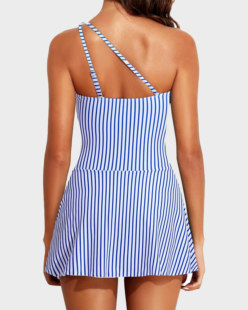 One-Shoulder One-Piece Swim Dress with Skirt