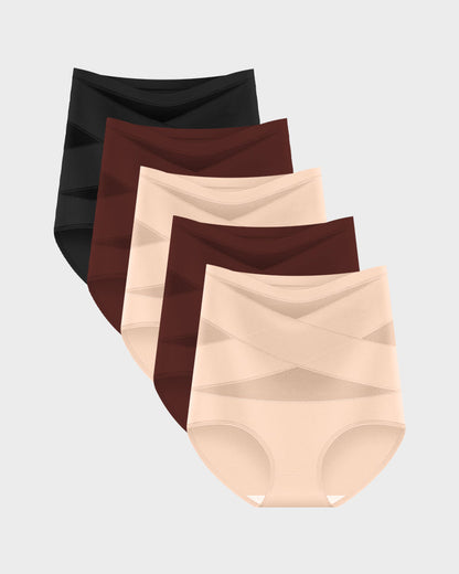Plus-Size High-Waisted Cross Tummy-Control Panties (Pack of 5)