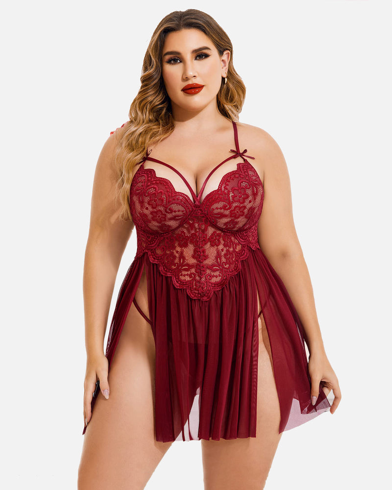 Große Größen V-Ausschnitt Tüll Seitenschlitz Babydoll
