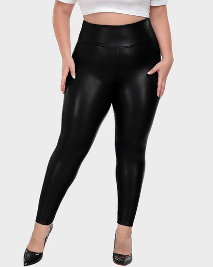 Thermo-Lederimitat-Leggings mit hohem Bund und Übergröße