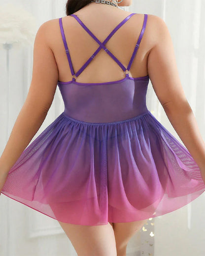 Ensemble Nuisette en Dentelle Violette et String Grande Taille