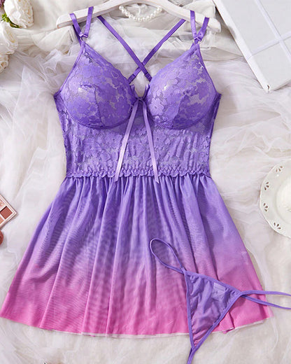 Ensemble Nuisette en Dentelle Violette et String Grande Taille