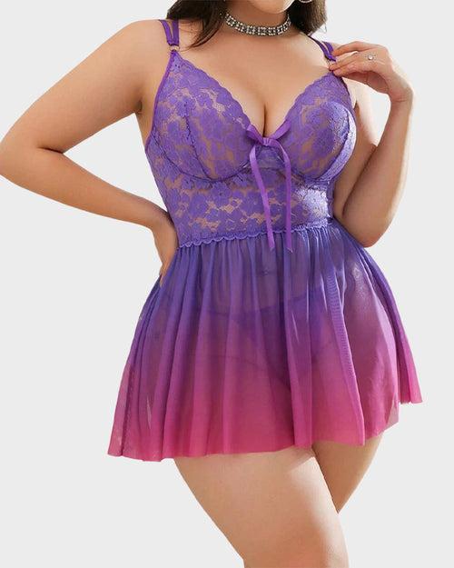 Ensemble Nuisette en Dentelle Violette et String Grande Taille