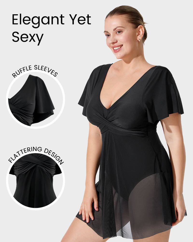 Plus Size Full-Coverage Ruffle Swim Dress