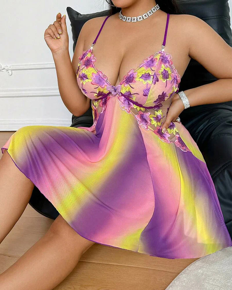 Plus-Size Rainbow Ombre Camisole Nightgown — Backless Floral Mesh Design