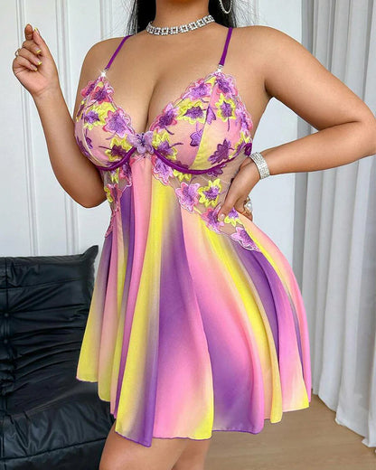 Plus-Size Rainbow Ombre Camisole Nightgown — Backless Floral Mesh Design