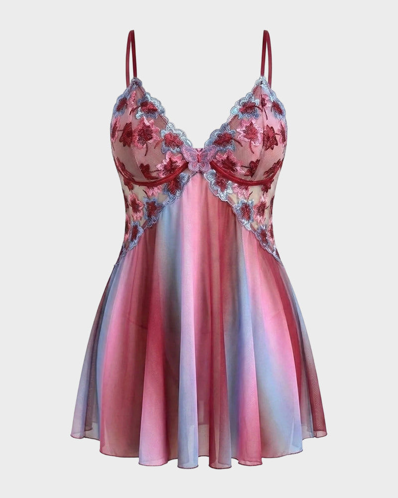 Plus-Size Rainbow Ombre Camisole Nightgown — Backless Floral Mesh Design