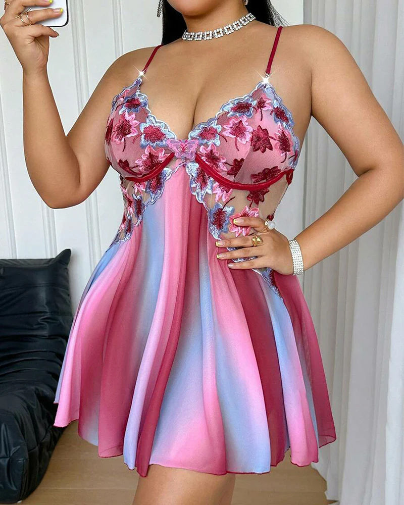 Plus-Size Rainbow Ombre Camisole Nightgown — Backless Floral Mesh Design
