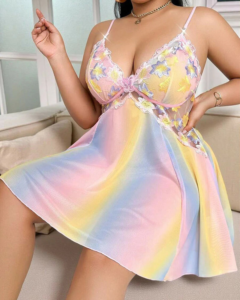 Plus-Size Rainbow Ombre Camisole Nightgown — Backless Floral Mesh Design