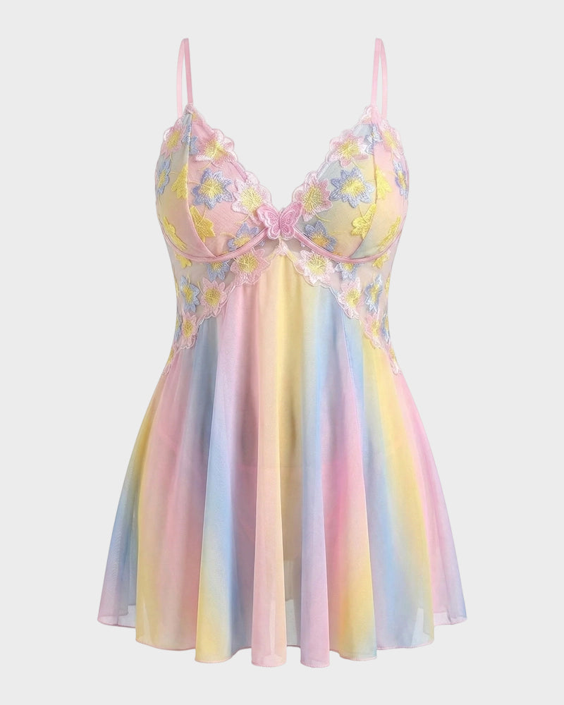 Plus-Size Rainbow Ombre Camisole Nightgown — Backless Floral Mesh Design