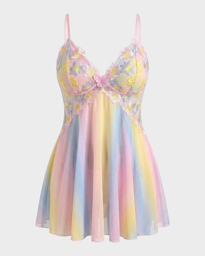 Plus-Size Rainbow Ombre Camisole Nightgown — Backless Floral Mesh Design