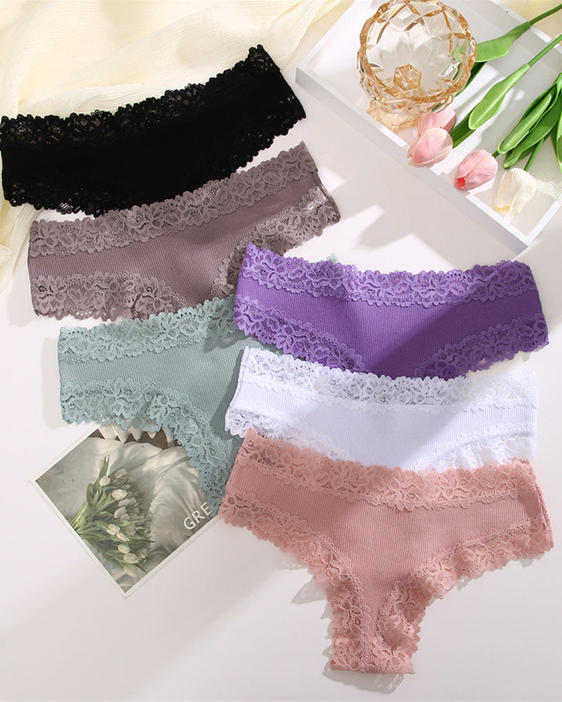 Ribbed Cotton Panty with Lace, Mid-Rise (Pack of 9)
