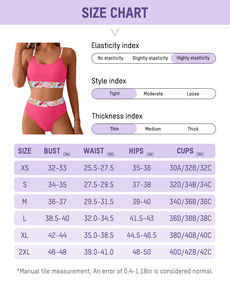 Ribbed High-Waisted Bikini Set with Floral Trim