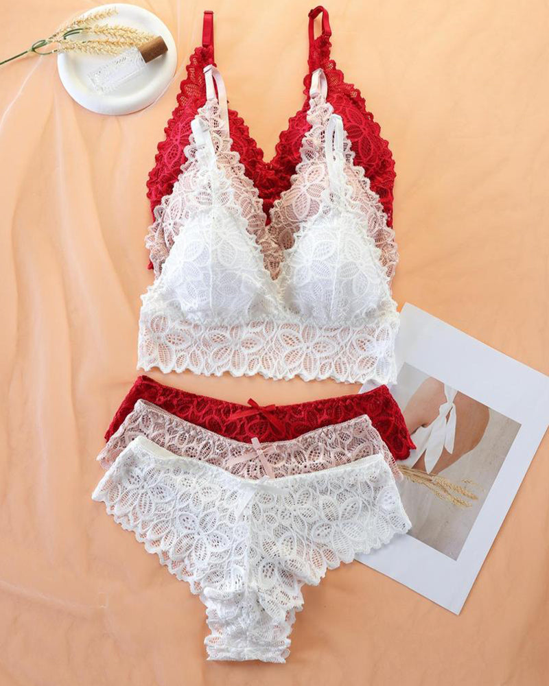 Romantisches Spitzen-BH- und Slip-Set (3er-Pack)