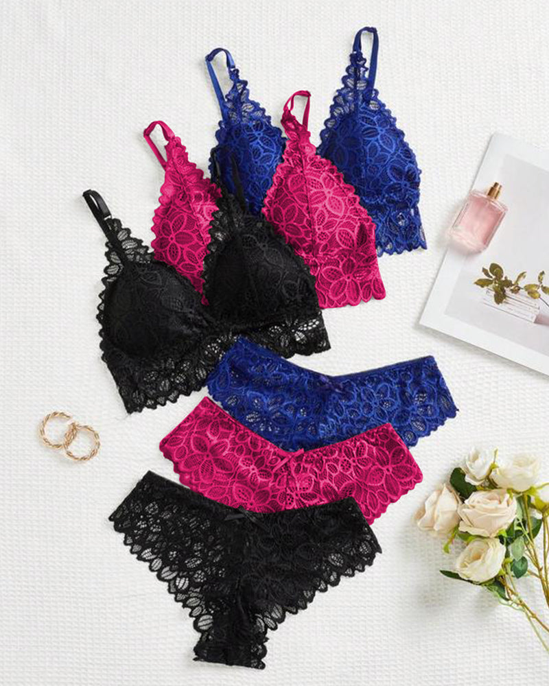 Romantisches Spitzen-BH- und Slip-Set (3er-Pack)