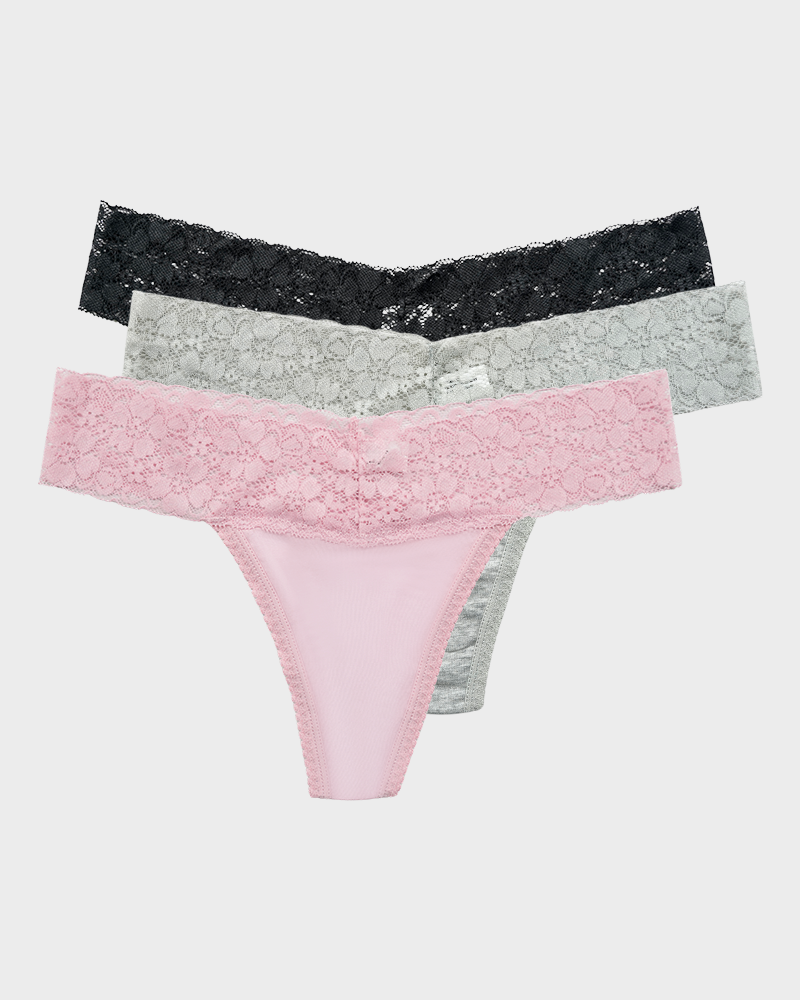 Seamless Low-Rise Lace Thong Panties (Set of 3)