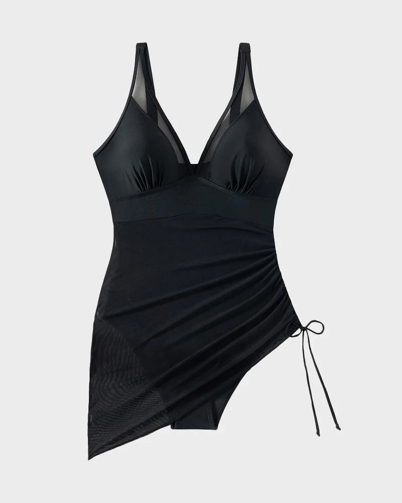 Slimming Sheer Mesh Sarong Swimsuit