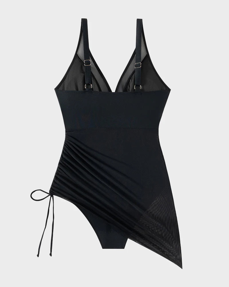 Slimming Sheer Mesh Sarong Swimsuit