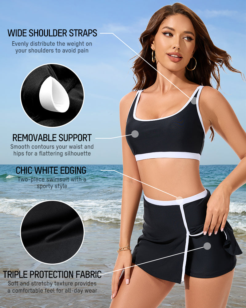Sporty Color-Block Side-Slit Skirted Bikini Set