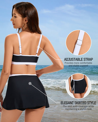 Sporty Color-Block Side-Slit Skirted Bikini Set