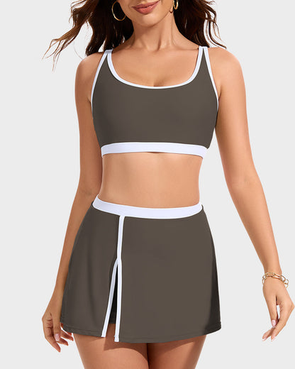 Sporty Color-Block Side-Slit Skirted Bikini Set