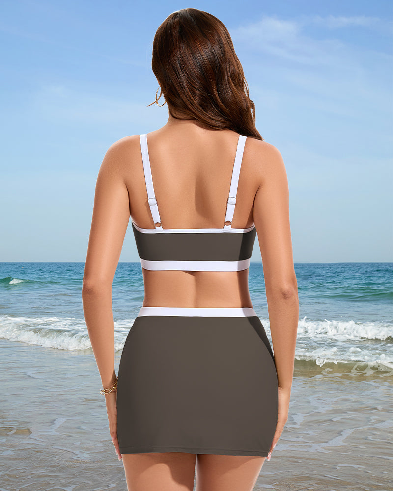 Sporty Color-Block Side-Slit Skirted Bikini Set