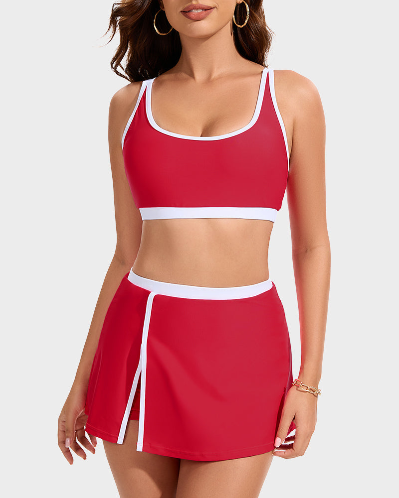 Sporty Color-Block Side-Slit Skirted Bikini Set