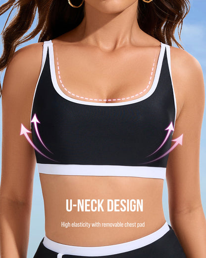 Sporty Color-Block Side-Slit Skirted Bikini Set