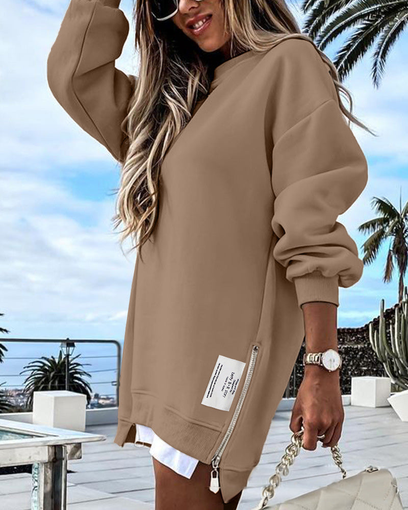Oversize Langarm-Sweatshirt mit seitlichem Reißverschluss