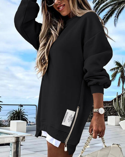 Oversize Langarm-Sweatshirt mit seitlichem Reißverschluss