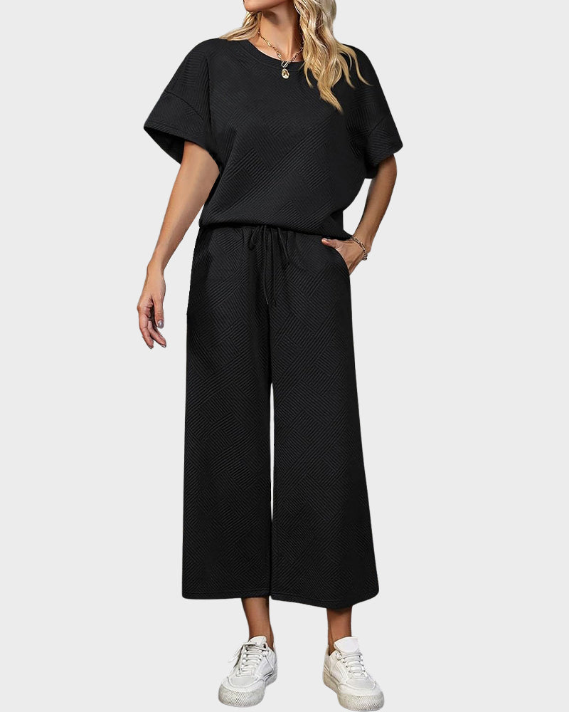 Zweiteiliges Loungewear-Set aus strukturierter Strickware mit Kordelzug