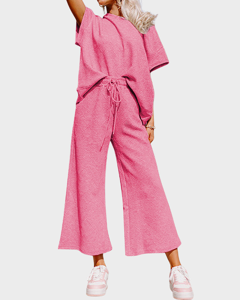 Zweiteiliges Loungewear-Set aus strukturierter Strickware mit Kordelzug