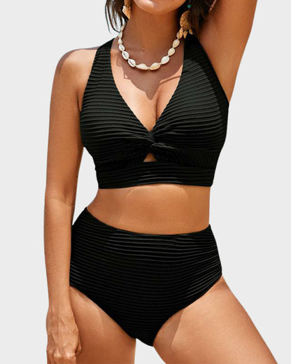 Texturierter High-Waist-Bikini mit Knotendetail vorne