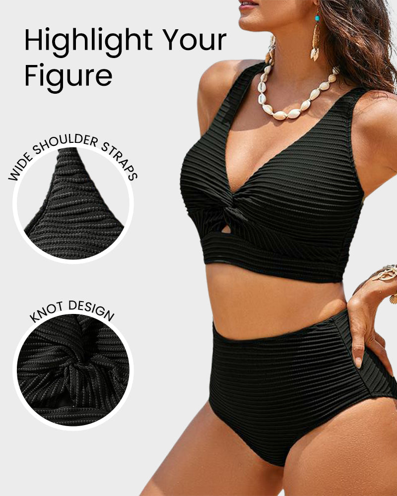 Texturierter High-Waist-Bikini mit Knotendetail vorne