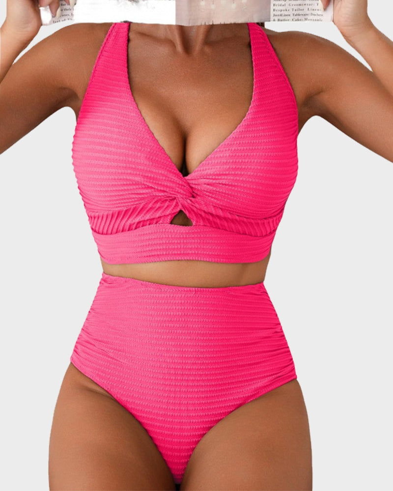 Texturierter High-Waist-Bikini mit Knotendetail vorne
