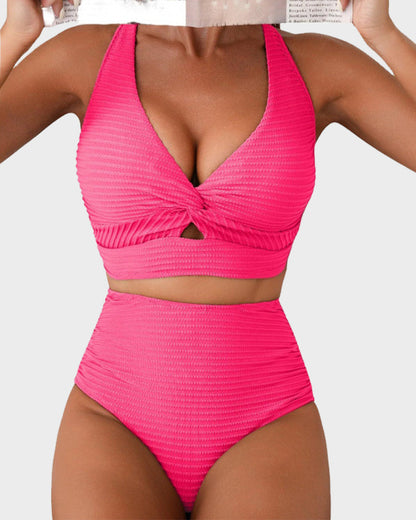 Texturierter High-Waist-Bikini mit Knotendetail vorne