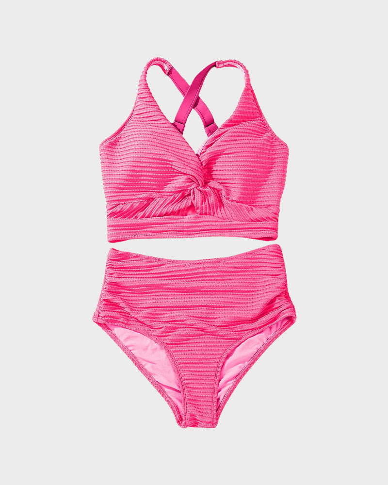 Texturierter High-Waist-Bikini mit Knotendetail vorne
