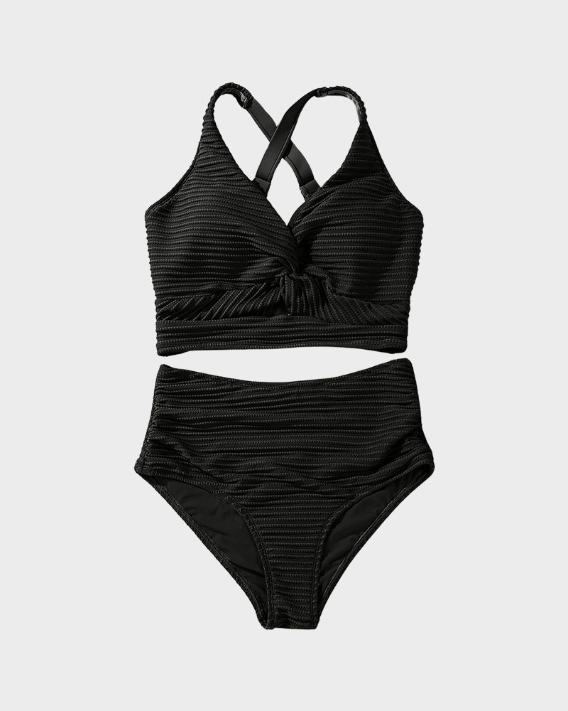 Texturierter High-Waist-Bikini mit Knotendetail vorne