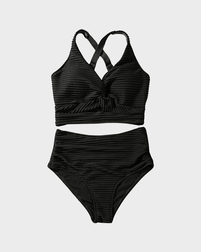 Texturierter High-Waist-Bikini mit Knotendetail vorne